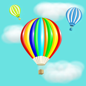 Vector colorful hot air balloons  flying at the  sky with clouds.  Traveling, planning summer vacation, tourism and journey. Multicolored balloons. 