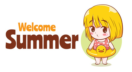 cute girl and swimming ring with a summer greeting banner.