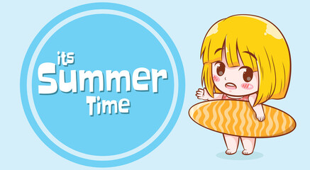 cute girl holding a surfing board with a summer greeting banner.