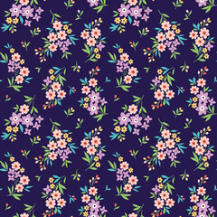Fototapeta na wymiar Seamless floral pattern. Ditsy background of small colorful flowers. Small-scale flowers scattered over a blue violet background. Stock vector for printing on surfaces and web design.