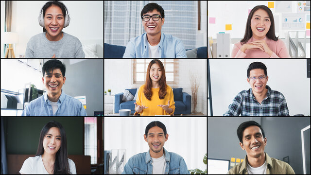 Group of young Asian business people, office coworker on video online conference call, remote team meeting. Work from home, internet communication technology, coronavirus social distancing lifestyle