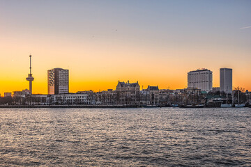 The Skyline of Rotterdam at sunset. Rotterdam, The Netherlands.