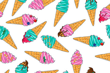 Seamless pattern of ice cream cones, color, vector