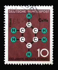 Stamp printed in Germany showing Progress in technology and science: Benzene formula by Friedrich August Kekulé von Stradonitz, circa 1964