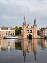 Waterpoort, water gate, and Kolk canal in city of Snits, Sneek in Friesland, Netherlands