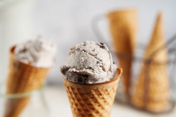 Homemade Cookies and cream cone ice cream, selective focus