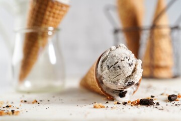 Homemade Cookies and cream cone ice cream, selective focus