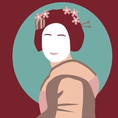 Minimalistic vector portrait of a geisha in burgundy and green tones. Japan. Flat illustration
