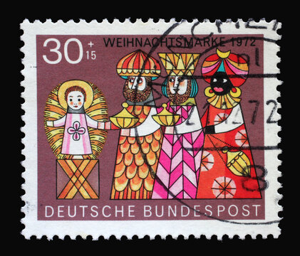 A stamp printed in Germany depicts the Three Wise Men and the Child, Christmas, circa 1972