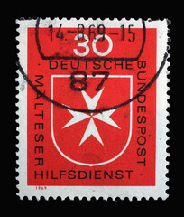 Stamp printed in Germany shows Malteser Cross, Maltese Relief Service, founded 1955, world-wide...
