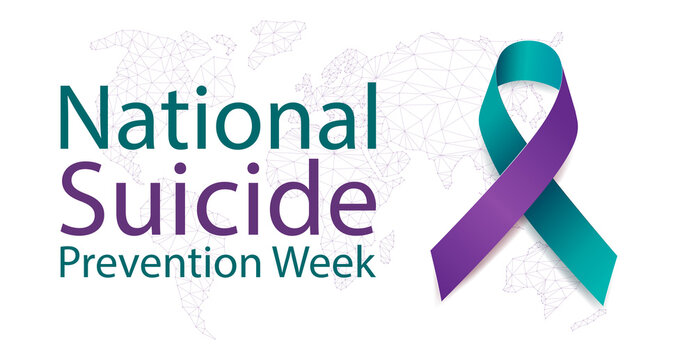 National suicide prevention week concept. Banner for September 5-11 with teal and purple ribbon awareness and text.  Vector illustration.