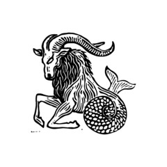 Capricorn sign zodiac astrology vector linocut print illustration