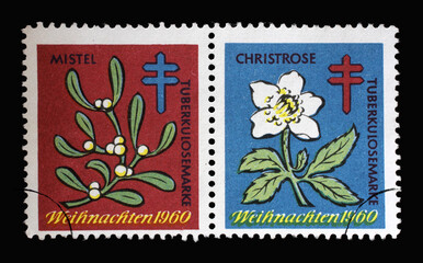 Fototapeta na wymiar Stamp printed in Germany showing Weihnachten tuberkulosemarke, circa 1960