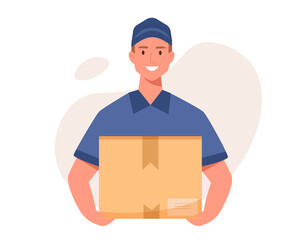 Young delivery man with box. Courier with a box in his hands.Vector flat cartoon illustration. - obrazy, fototapety, plakaty