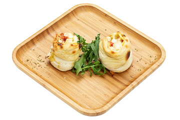 Pizzetti on a wooden plate. Variety of pizza isolated on white background.