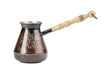 Old copper coffee pot with a wooden handle on isolated on white background.