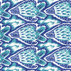
Blue sea life fish linen texture background. Seamless swimming fishes textile effect. Distressed aqua melange dye pattern. Coastal cottage decor, modern sail fashion, soft furnishing repeat cloth 