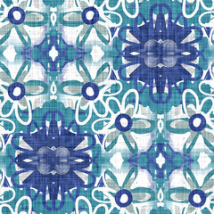 Azure blue floral linen texture background. Seamless abstract textile effect. Flower aqua melange dye pattern. Coastal cottage decor, modern sailing fashion or soft furnishing repeat cotton print
