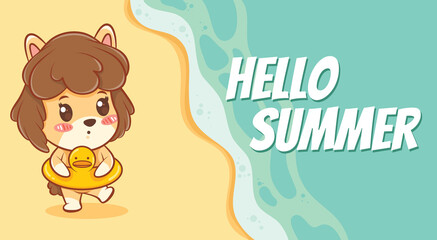 cute puppy and swimming ring with a summer greeting banner.