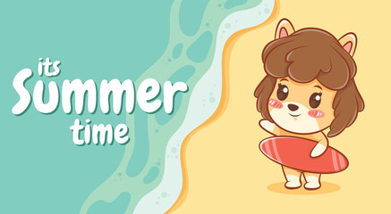 cute puppy holding surfing board with a summer greeting banner.