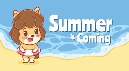 cute puppy and swimming ring with a summer greeting banner.