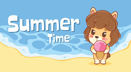 cute puppy hugging ice cream with a summer greeting banner.