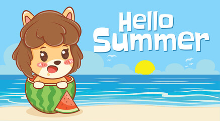 cute puppy and watermelon with a summer greeting banner.