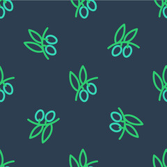 Line Olives branch icon isolated seamless pattern on blue background. Vector