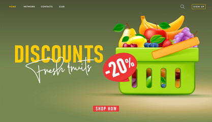 Web banner for supermarket landing page with 3d illustration of shopping basket full of fruits with discount © YarM