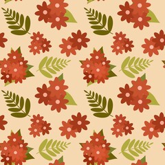 Seamless pattern of flowers on a 	beige background
