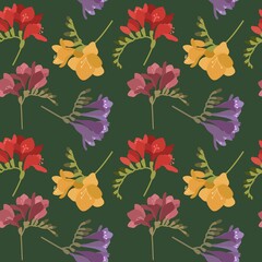 Seamless pattern of flowers on a green background