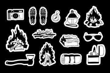 Sticker pack. Collection of camping stickers. Monochrome vector hand drawn illustrations. Campfire bundle. Boots sleeping bag compass sunglasses camera reusable bottle lighter axe