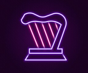 Glowing neon line Harp icon isolated on black background. Classical music instrument, orhestra string acoustic element. Colorful outline concept. Vector