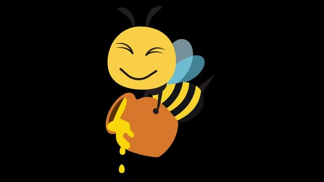 Animation of cartoon flying bee holding honey pot with honey dripping out. Transparent background.