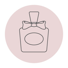 Vector Icon of Bottle with Perfume. Line art illustration of Fragrance. Pictogram of Parfum on light pink background for web design or button