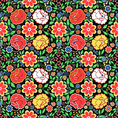 Ornate seamless pattern. Lots of bright flowers on black. - 441610527