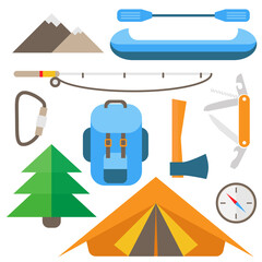 A set of items for tourism and hiking. Includes flat tent, mountain, axe, knife, canoe, paddle, fishing rod, carabiner, spruce. For infographics, instructions