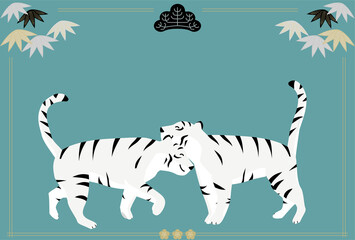二頭のホワイトタイガーがほおずりをしている年賀状、2022年寅年