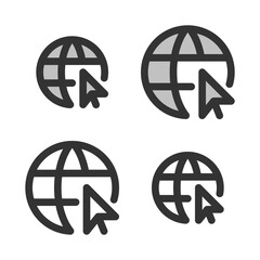 Pixel-perfect linear icon of globe with pointer arrow built on two original grids of 32x32 and 24x24 pixels. The initial line weight is 2 pixels. In two-color and one-color versions. Editable strokes