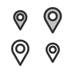 Pixel-perfect linear icon of location pin built on two base grids of 32 x 32 and 24 x 24 pixels. The initial base line weight is 2 pixels. In two-color and one-color versions. Editable strokes