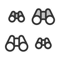Pixel-perfect linear icon of binoculars built on two base grids of 32 x 32 and 24 x 24 pixels. The initial base line weight is 2 pixels. In two-color and one-color versions. Editable strokes