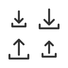 Pixel-perfect linear icons of downloading and uploading arrows   built on two base grids of 32x32 and 24x24 pixels. The initial base line weight is 2 pixels. In one-color version. Editable strokes