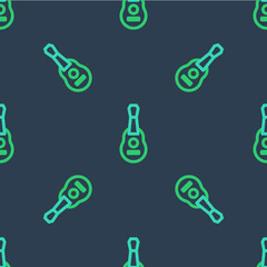 Line Guitar icon isolated seamless pattern on blue background. Acoustic guitar. String musical instrument. Vector