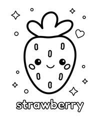 Coloring page for preschool kids. Cute cartoon kawaii strawberry. Healthy food. Learn english words for children. Vector outline illustration.