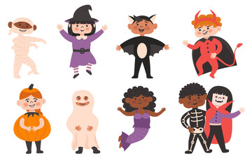 Set of Halloween Kids Costume Party. Cute different nationalites girls and boys in vampire, bat, devil,ghost, mermaid, mummy, pumpkin witch, skeleton. Vector characters for party, invitations,web.
