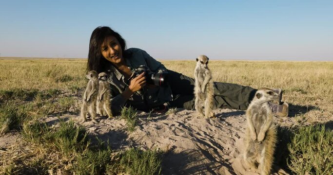Funny cute animals. Close-up portrait of a female tourist photographing and interacting with a small group of meerkats