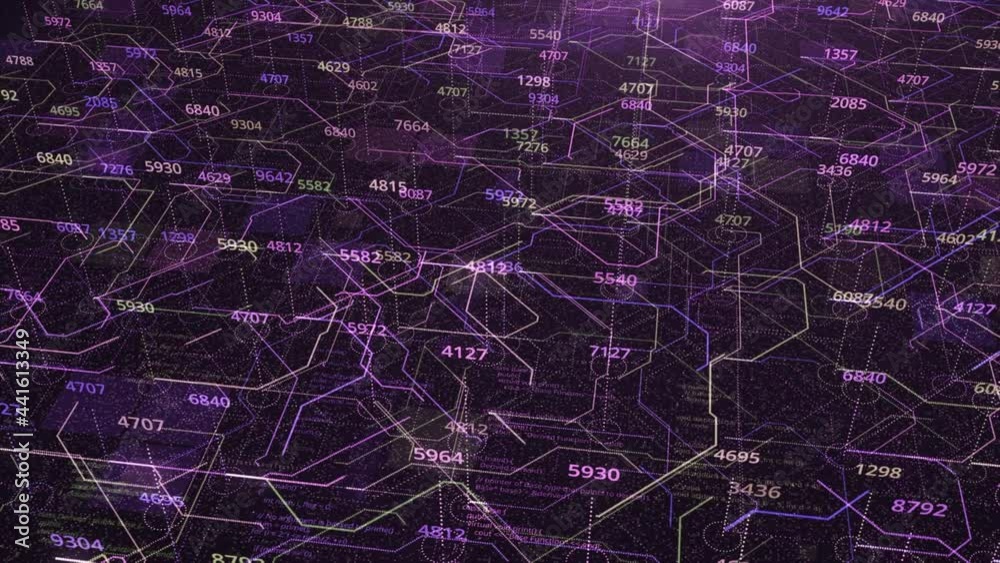 Poster abstract colorful circuit board with data flow showed by moving narrow lines. animation. concept of 