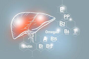 Essential nutrients for Liver health including Omega-3, Biotin, Vitamin PP, Vitamin B.
Design set of main human organs with molecular grid, micronutrients and vitamins on light gray background.