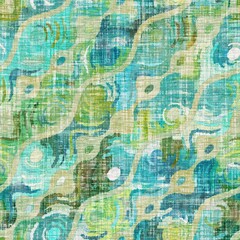 Rustic sea green mottled linen woven texture. Seamless printed fabric pattern for tropical coastal style. Interior textile background. Mottled colorful turquoise dye stains. Vibrant summer home decor
