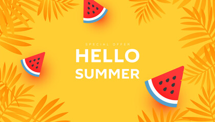 Hello summer sale banner design with tropical leaves and ripe watermelon slices on striped background for store marketing promotion.
